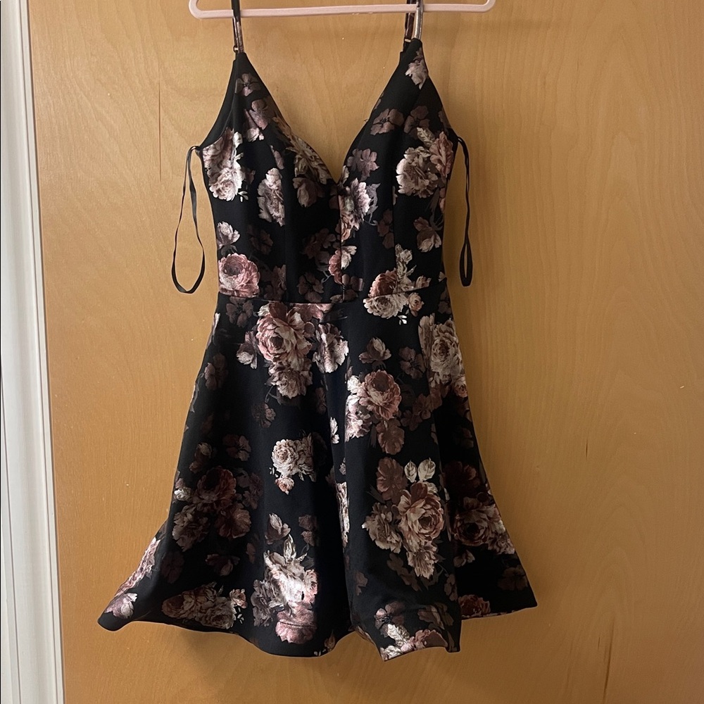 B. Darlin Black Dress with Bronze Metallic Floral Detail